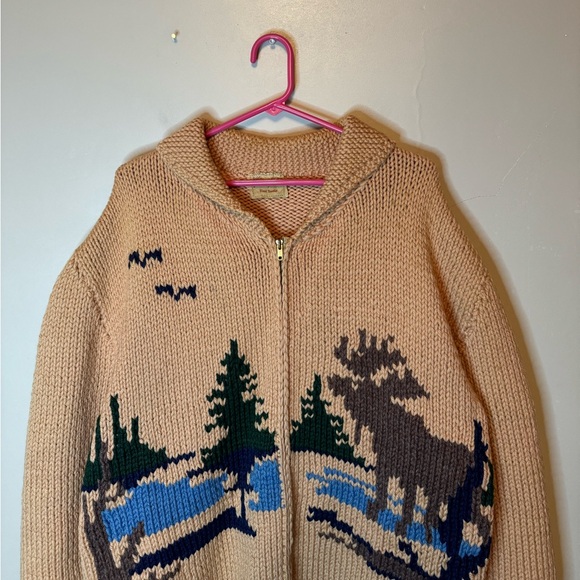 Vintage 60’s Cowichan Moose Nature Hand Knit Zip Up Sweater Talon Zipper Size XL - Picture 2 of 7